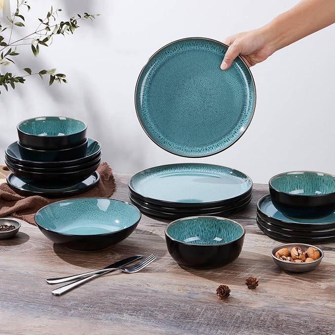 LIANYU Stoneware Dinnerware Sets with Pasta Bowls, 16 Piece Plates and Bowls Dishes Set for 4, Dishwasher Safe Dining Ware Dishware for Home Kitchen, Microwave Safe, Pastel Turquoise