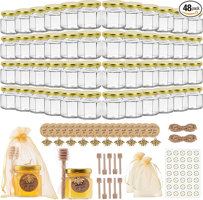1.5 oz Mini Glass Honey Jars | 48-Pack Honey Jars with Wood Dippers, Gold Lids, Gift Bags, Bee Charms, Labels, Tags, Twine | Perfect for Baby Shower Party Favors, Wedding Favors, Bridal Showers