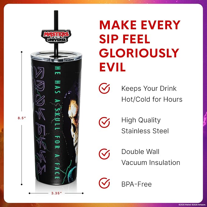 Dragon Glassware x Masters of the Universe (MOTU) Vacuum Insulated Stainless Steel Tumbler - 24 oz with Straw Charm - Official 2026 Movie Merch - Skeletor