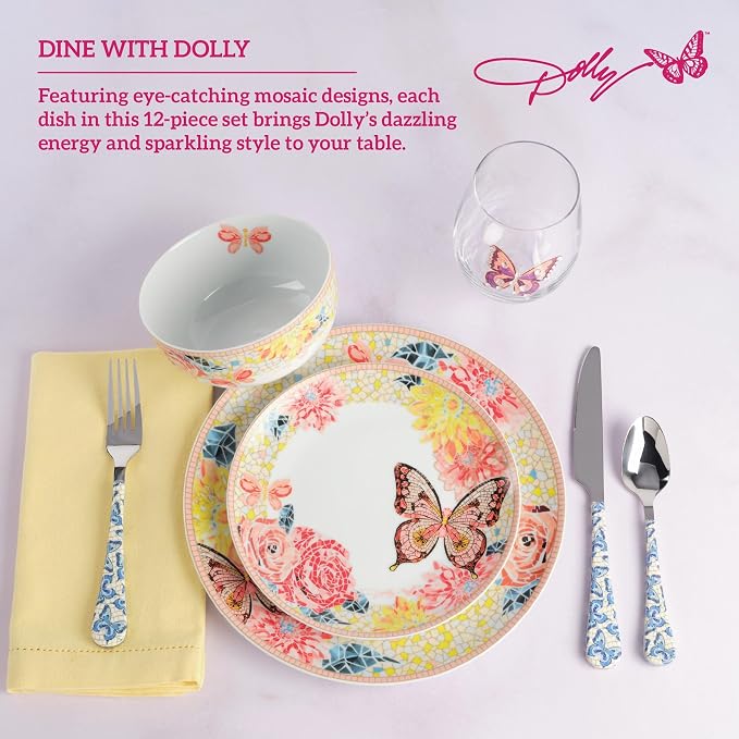 Dolly Parton 12 Piece Jeweled Mosaic Butterfly Dinnerware Set Porcelain Dinner Plates, Salad Plates, Bowls, Service for 4, Microwave Dishwasher Safe