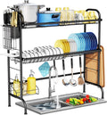 HOWDIA 3-Tier Over The Sink Dish Drying Rack,Stainless Steel Dish Rack with Cutlery Holder & Chopping Board Rack, 33.9” x 11.4” x 32.3” for Maximum Kitchen Storage（Black）