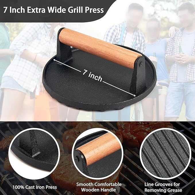3Pcs Grill Press, Leonyo 7 Inch Round Cast Iron Burger Press, Heavy Duty Smash Burger Kit for Griddle Grill, Hamburger, Meat, Steak, Patty, Panini, Barbecue, Nonstick Pan