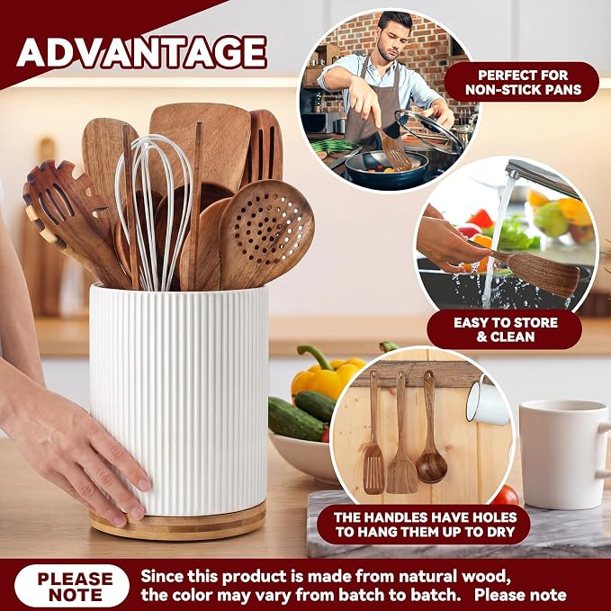 SiliFine 11 Pcs White Wooden Kitchen Utensils Set with 360° Ceramics Rotating Holder Acacia Wood Cooking Utensils with Cooking Spoons Spatulas Nonstick Cookware Countertop(White)