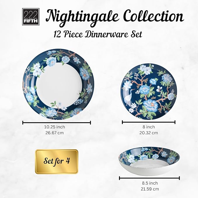 222 Fifth 12-Piece Porcelain Dinnerware Set for 4, Luxury White & Bohemian Blue Plates and Bowls Set, Glossy Ceramic Dish Set with Detailed Floral, Microwave & Dishwasher Safe Dishes, Nightingale