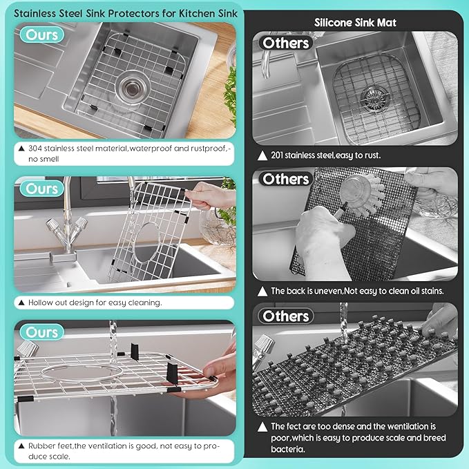 2Pack Sink Protector Grid 13.7''x11.6''x1'', Stainless Steel Sink Protectors for Kitchen Sink with Center Drain Hole, Anti-rust Metal Sink Bottom Grid With 2Pack Sink Strainers