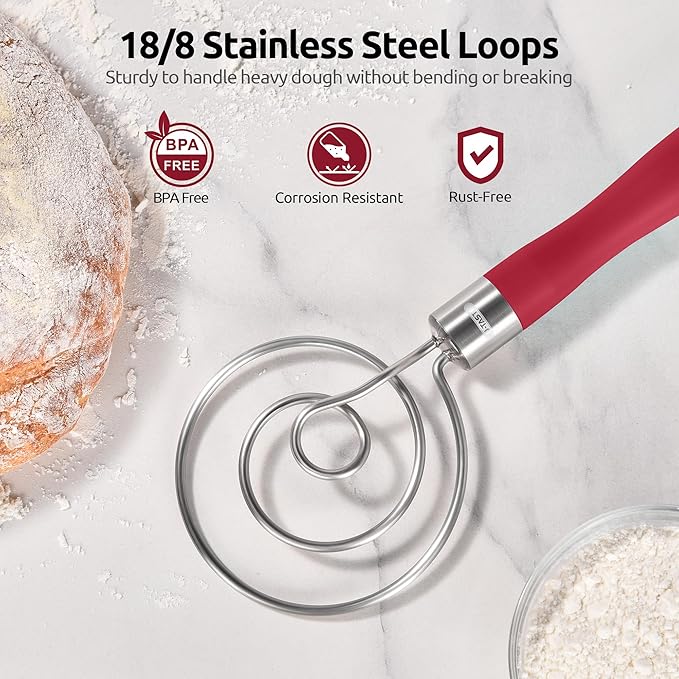 U-Taste 18/8 Stainless Steel Measuring Cups and Spoons Set of 10 and 12.6in Stainless Steel Danish Dough Whisk (Red)