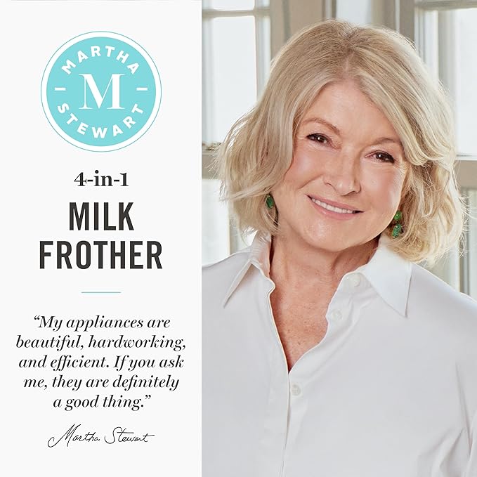 Martha Stewart Milk Frother and Steamer, 10oz/300ml Glass Cup, 4 Presets (Cold Foam, Light, Dense & Hot Chocolate), Ready in 90 Seconds, Cordless Pouring, One-Touch for Hot and Cold Milk, Indigo Blue