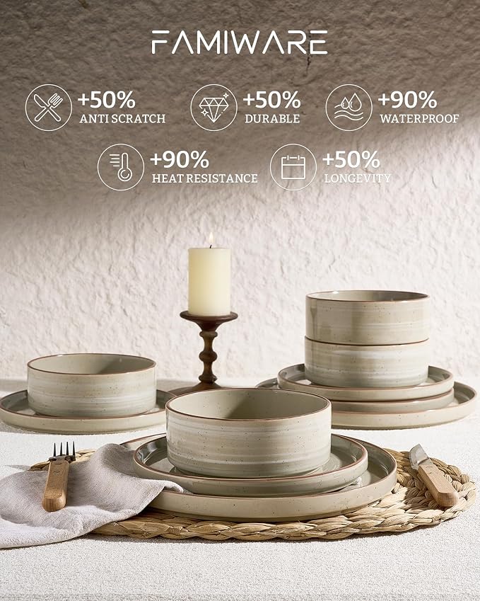 Famiware Stellar Stoneware Dinnerware Set, 12-Piece, Double Reactive Glaze, Plates and Bowls, Service for 4, Microwave and Dishwasher Safe, Scratch-Resistant, Matcha Green
