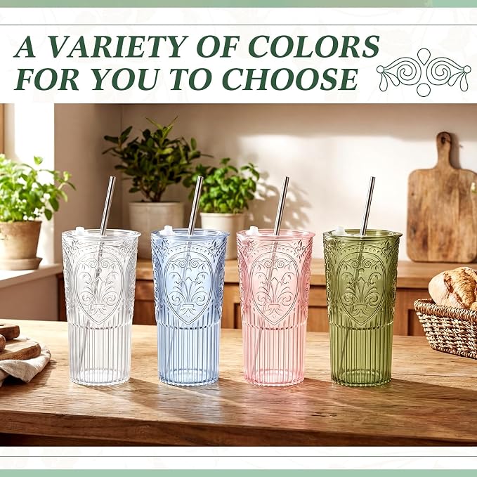 2 Set 20oz Vintage Plastic Tumbler with Lids and Straws Ribbed Floral Drinking Glasses Reusable Iced Coffee Cups for Water Juice Smoothie Cocktail Travel Party Events Gift (Pink)