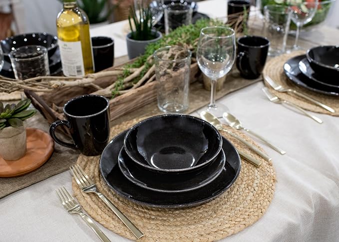 Elanze Designs Reactive Glaze Stone Ceramic Plates Bowls Mugs Classic Dinnerware 16 Piece Set - Service for 4, Black