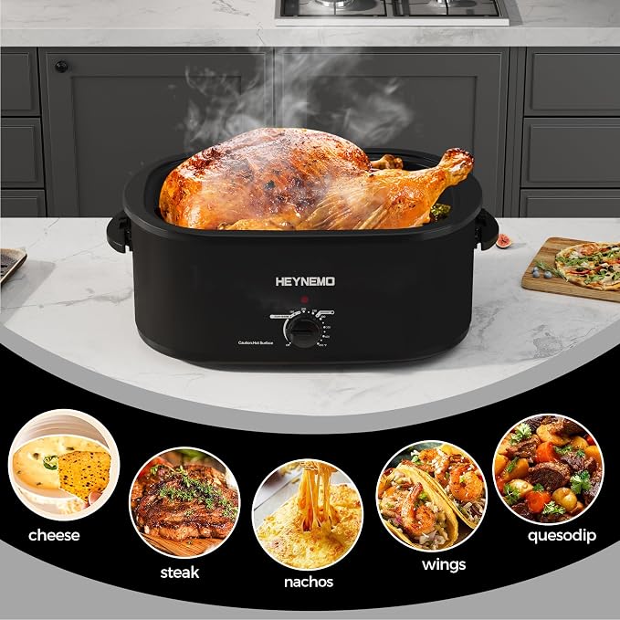 20 Quart Roaster Oven with Self-Basting Lid, Electric Turkey Roaster Oven with Defrost & Warm Function, Adjustable Temperature, Removable Pan & Rack, Stainless Steel, Black