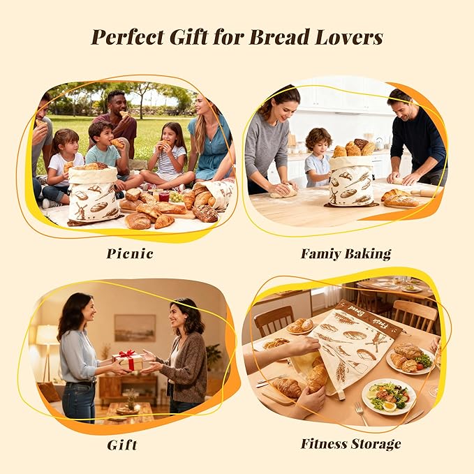Beeswax Bread Bags for Homemade Sourdough - 2 Pack Reusable Organic Cotton Natural Beeswax Lined Large Bees Wax Storage Bag for Homemade Sourdough & Bakery Bread.