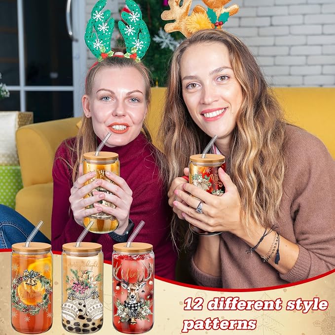 Teenyyou 12 Set of Christmas Glasses with Bamboo Lid and Glass Straw 16 oz Christmas Drinking Cup Beer Iced Coffee Cup Xmas Tumbler Mugs for Women Men Holiday Party Office Gifts