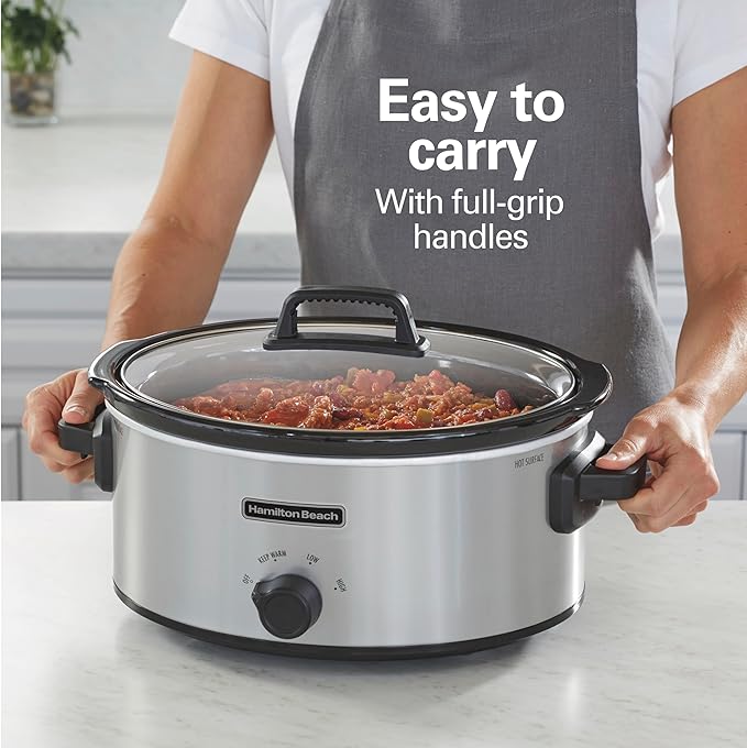Hamilton Beach 6 Quart Slow Cooker With 3 Cooking Settings | Dishwasher-Safe Stoneware Crock & Glass Lid | Silver | 33665G