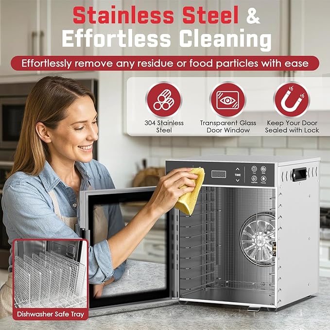 HOPERAN Food Dehydrator Stainless Steel - 400W Electric Dehydrator Machine with 4 Presets, Adjustable Timer, Temperature Control, Digital Food Dryer for Herb, Dog Treats,Meats & Veggies (10 Trays)