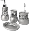 Creative Scents Crackled Glass Silver Bathroom Accessory Set – 4-Piece Vanity Set Includes: Lotion Soap Dispenser, Toothbrush Holder, Tumbler, and Soap Dish