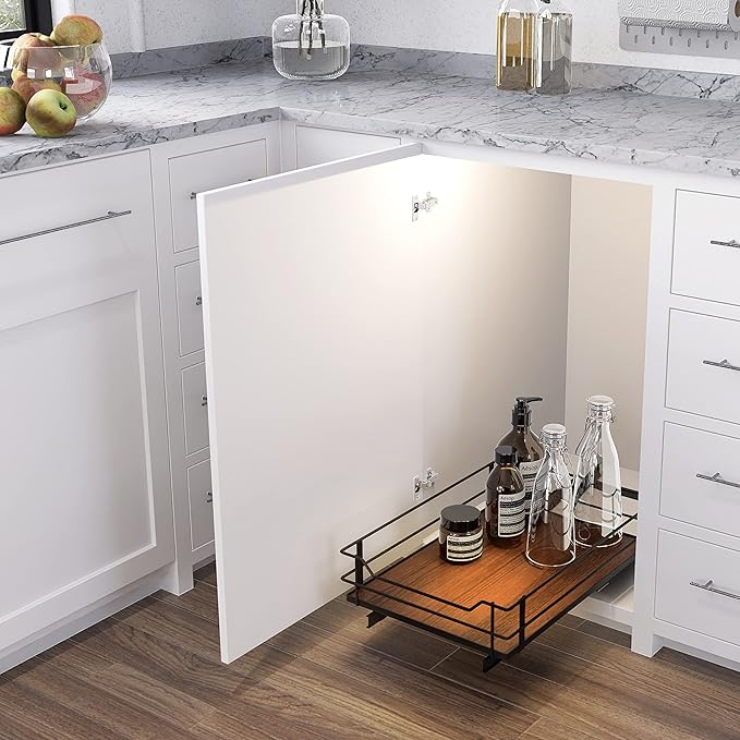 Home Zone Living Pull Out Kitchen Cabinet Organizer with Slide Out Drawer for Space Saving Storage, 14”W x 21”L, Matte Black Dark Brown Wood Finish