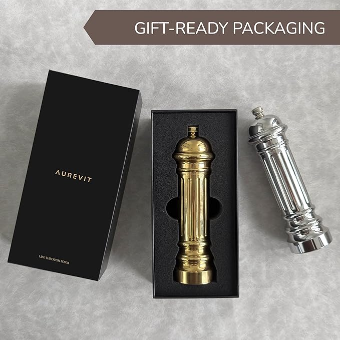 Metal Pepper Grinder with Stainless Steel Core, Heavy Duty High Output Pepper Mill with Adjustable Coarseness, All-Metal Construction, Refillable (Gold)