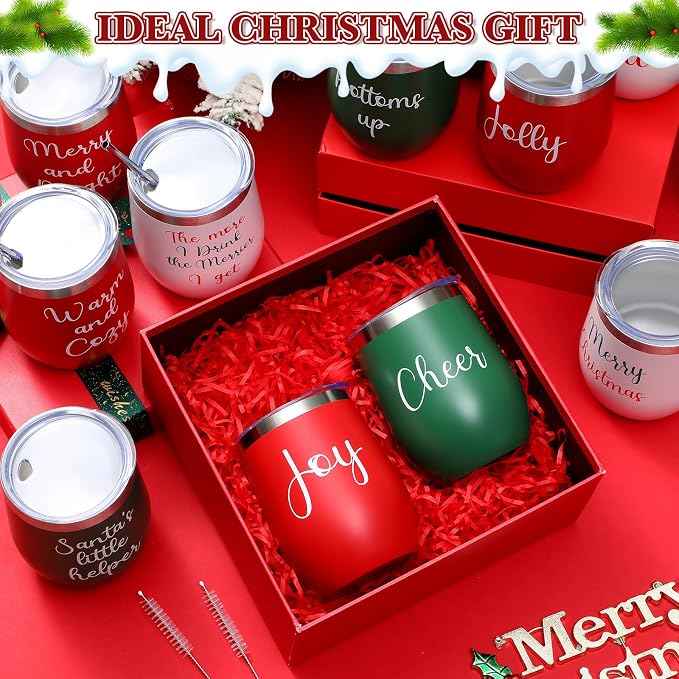 Ziliny 12 Pcs Christmas Wine Tumbler Set, 12 Oz Stainless Steel Double Wall Vacuum Insulated Coffee Mug Stemless Xmas Wine Glasses With Lid Straw Brushes for Women Friends Men Travel Gifts (Texts)