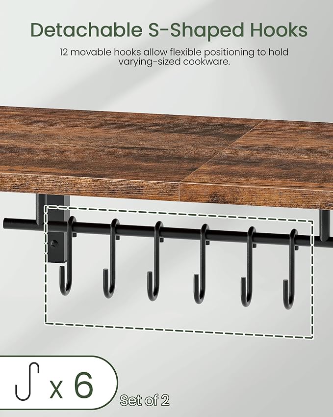 CHOEZON Wall-Mounted Pot Racks, Set of 2 Hanging Pot Rack, Floating Shelves, Vintage Pot Hangers for Kitchen, 2-Tier Hanging Shelves for Kitchen Storage, Rustic Brown and Black TPR27P2BF