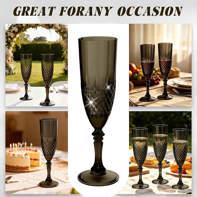 Plastic Champagne Flutes, Champagne Glasses Bulk, Reusable Unbreakable Acrylic Wine Glasses Goblets for Weddings Bachelor Parties Toasting Bridal Shower (12, Black)