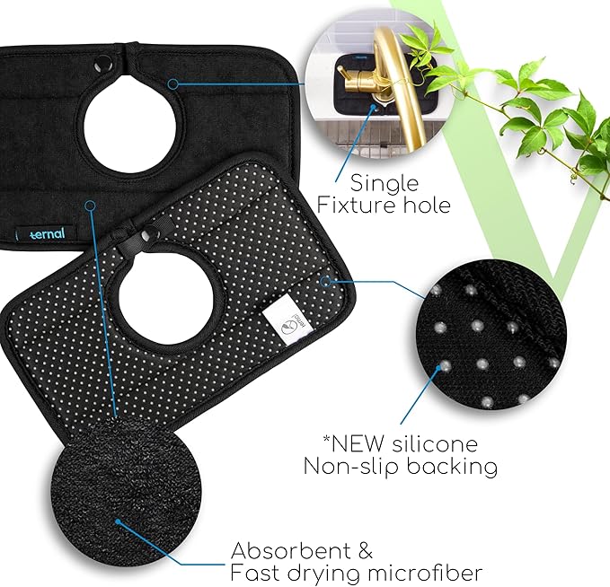 The Original Machine Washable Kitchen Sink Mat by Ternal, Absorbent Microfiber Fabric with Anti-Slip Silicone Backing, Splash Guard and Drip Catcher Around Faucet Handles. [2 Pack] (Black, Mini 9in)