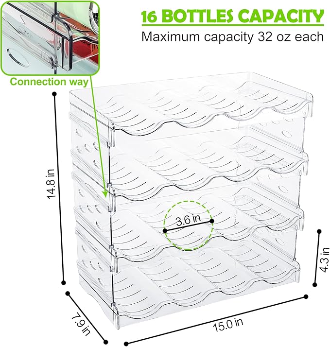 Water Bottle Organizer for 30 OZ Stanley Water Bottle, 4-Tier Stackable Tumbler Organizer & Clear Wine Rack, Water Bottle Organizer for Cabinet Pantry Kitchen Organizers and Storage, Hold 16 Bottles