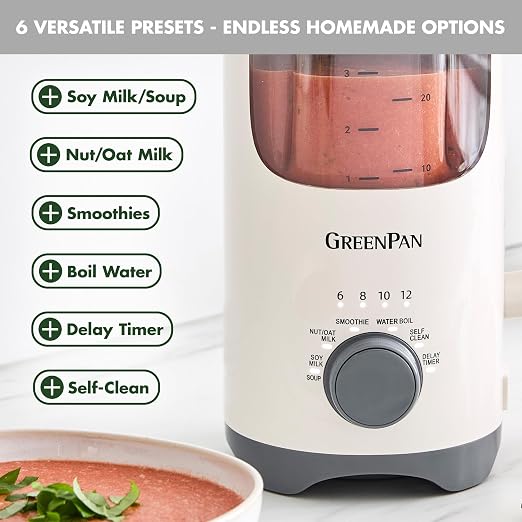 GreenPan 30oz Nut Milk Maker Machine, 15-in-1 for Homemade Almond, Oat, Soy, Coconut, Plant-Based Non-Dairy Beverages, Soups, BPA-Free Glass, Automatic Self-Clean, Delay Start, Cream