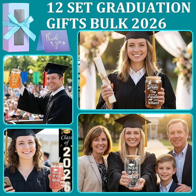 12 Set Graduation Gifts Glass Cups, Congratulations Graduate Cups with Lid Straw, 16oz Can Shaped Beer Glass Cups Inspirational Grad Gifts, College Master's Degree Graduation Party Supplies
