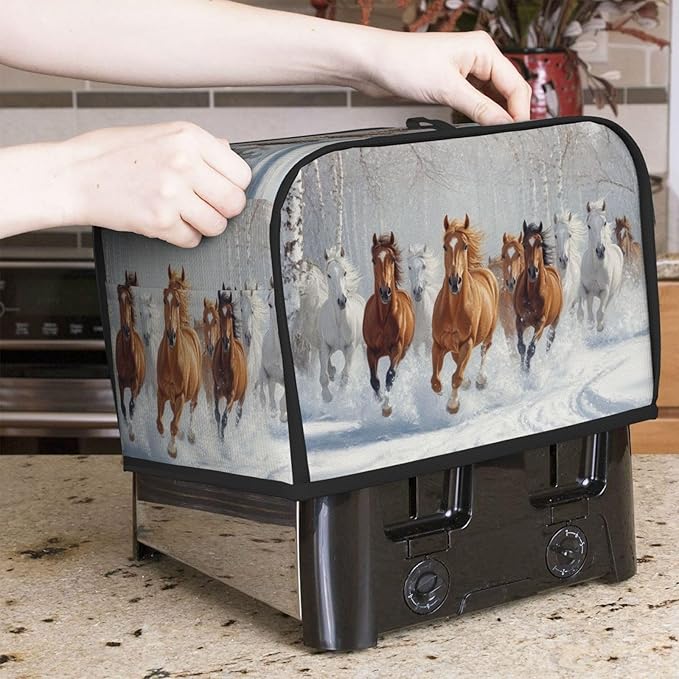 2 Slice Toaster Cover for Kitchen Horses Snow Winter Waterproof and Dustproof Oxford Fabric Toaster Dust Cover with Side Pockets Decorative Universal Cover for Wide Slot Toasters and Small Appliances