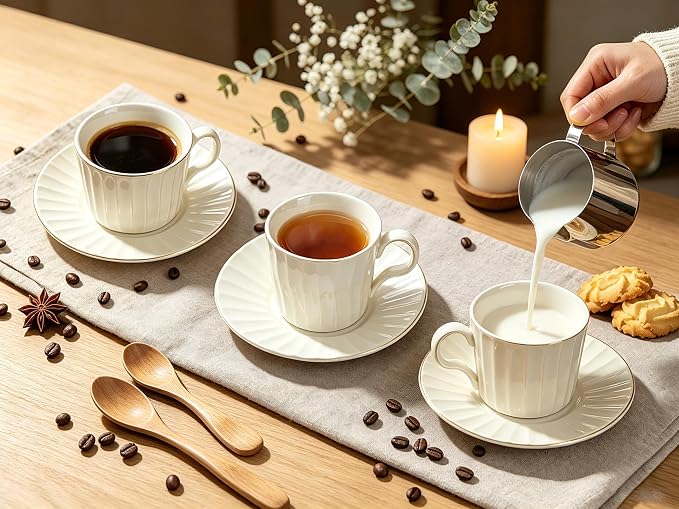 7.5oz Ceramic Cappuccino Cup with Saucer and Spoon Set of 4 | Porcelain Coffee Cups Set for Latte, Tea, Espresso,Cappuccino,Dishwasher and Microwave Safe,Pearl White