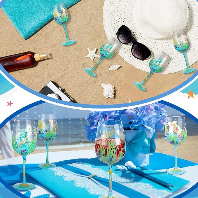 SiliFine 4 Pcs Ocean Hand Painted Wine Glasses Sea Animal Turtles Stemmed Wine Glasses Seahorses Seaweed Fish Decorative Drinking Cups Summer Ocean Beach Gifts for Women Men Birthday Party