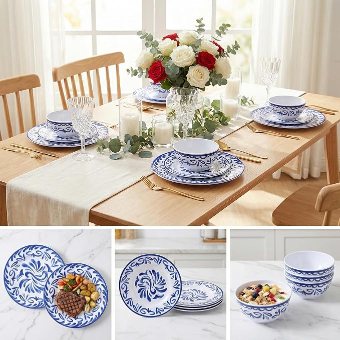 12-Piece Melamine Plates and Bowls Set - Blue & White Dinnerware Set， Service for 4, Lightweight Melamine Dishes Set for Indoor and Outdoor Use，Artistic Blue Floral