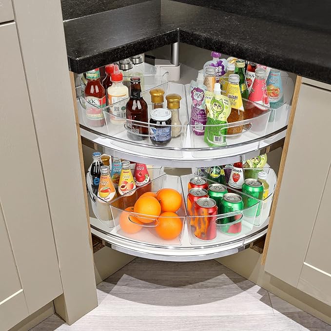 URALFA Lazy Susan Organizer Bins, Corner Cabinet Clear Turntable Organizer, Plastic Corner Kitchen Storage Bins for 26"- 28" Diameter Corner Cabinet Lazy Susan, 1/8 Wedge-BPA Free, 6 Pack
