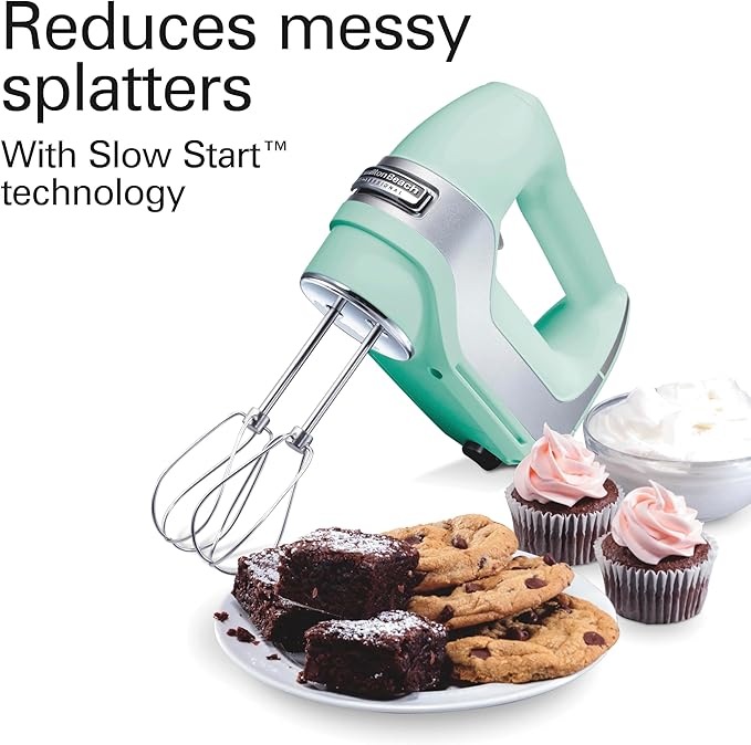 Hamilton Beach Professional 5-Speed Electric Hand Mixer with Snap-On Storage Case, QuickBurst, Stainless Steel Twisted Wire Beaters and Whisk, Mint (62658) | High-Performance DC Motor | Slow Start | Snap-On Storage Case | Stainless Steel Beaters & Whis...