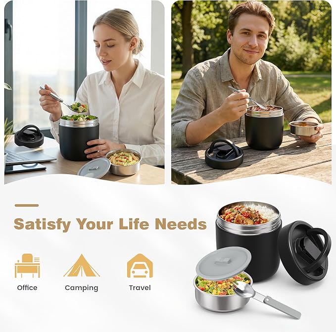 Thermo for Hot Food Adults, 40.5oz Wide Mouth Soup Thermo Lunch Containers with Spoon, Stainless Steel Vacuum Insulated Bento Lunch Box,Lunch Containers with Handle(Black)