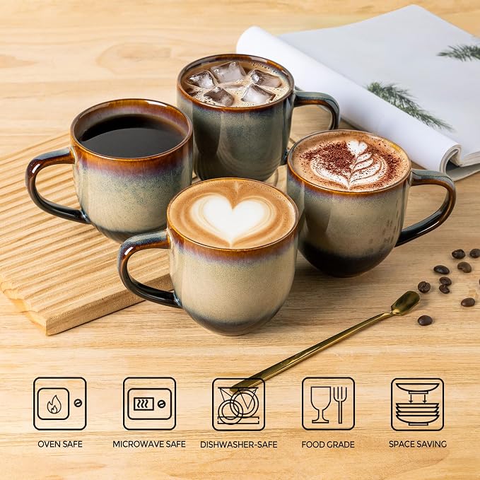 theterra Ceramic Coffee Mugs Set of 4, 12oz Handmade Coffee Cups with Handle for Latte, Tea, Milk, Beer, Hot Cocoa, Coca Mocha
