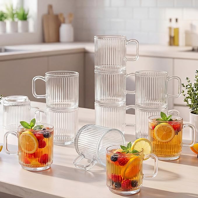 12 Pack Glass Coffee Mugs with Handles, 12 Ounces Glass Breakfast Mugs Bulk, Clear Tea Cups for Hot/cold Drinks, Glassware Set for Americano, Latte, Cappuccino (Classic)