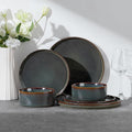 E-far Stoneware Dinnerware Sets for 2, 6-Piece Plates and Bowls Sets, Chip & Scratch Resistant Ribbed Dish Set for Home Restaurant, Microwave & Dishwasher Safe, Blackish Green