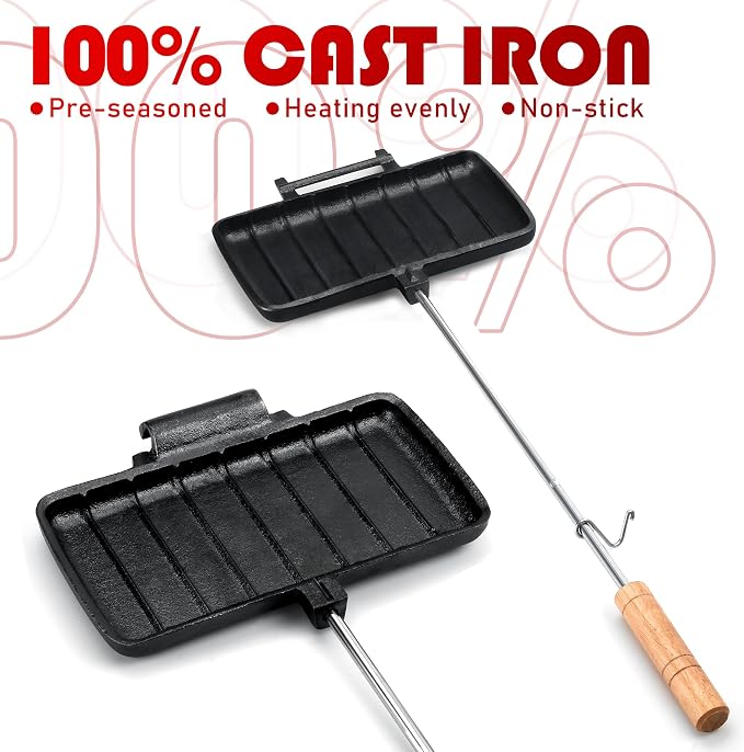 Double Pie Iron for Camping Cast Iron, Pre-seasoned Cast Iron Campfire Sandwich Maker, Mountain Pie Maker, Portable Campfire Cooking Equipment Camp Cooker