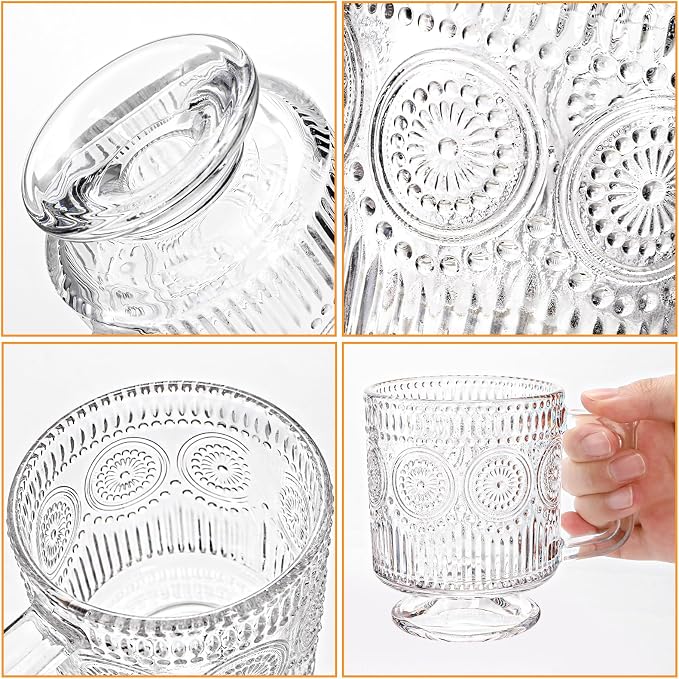 Pumtus 6 Pack Glass Coffee Mugs, 8 OZ Footed Irish Tea Cup with Handle, Embossed Floral Latte Cappuccino Mug, Clear Romantic Glassware for Chocolate, Espresso, Smoothie, Cocktail, Cold Drinks