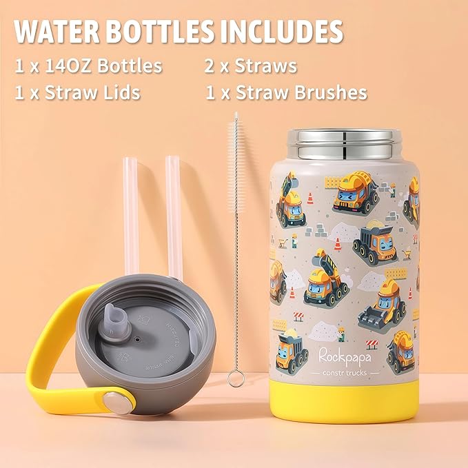 rockpapa Kids Lunch Box Set with 14oz Insulated Water Bottle & Lunch Bag, Leakproof 5.5 Cups Bento Box for School & Children, BPA-Free, Microwave Safe for Boys Girls (Grey Constr Turcks)