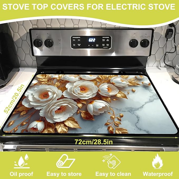 Glass stove top cover 28"x 20", Stove Top Covers for Electric Stove, Flat Range Mat for Glass Cooktop, Kitchen Heat-Resistant Protector Mat Non-Slip Drying Mat (Peony)