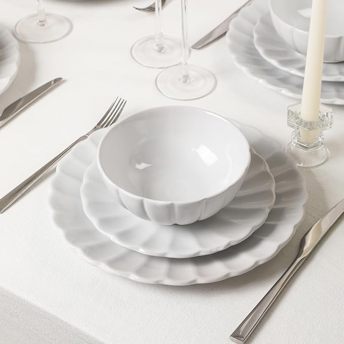 Earth & Clay Phoenix 12-Piece Stoneware Dinnerware Set, Plates and Bowls Set, Dishwasher and Microwave Safe, Dish Set for 4, White