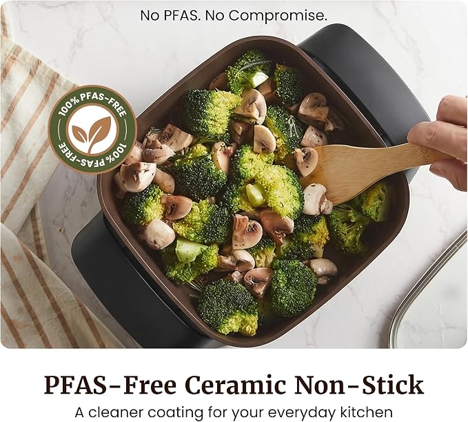 Elite Gourmet EG808C Electric Skillet 8"x8" PFAS-Free Ceramic Non-Stick, Tempered Glass Vented Lid, Removable Thermostat 200–400°F, Dishwasher Safe, 2.5-Qt Capacity for One-Pot Meals, Black