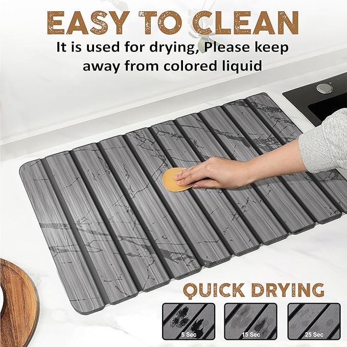 Foldable Stone Dish Drying Mat for Kitchen Counter, 24” x 16” Large Diatomaceous Earth Quick Dry Mat, Absorbent Sink Tray with Brush for Dishes, Cups, and Bottles