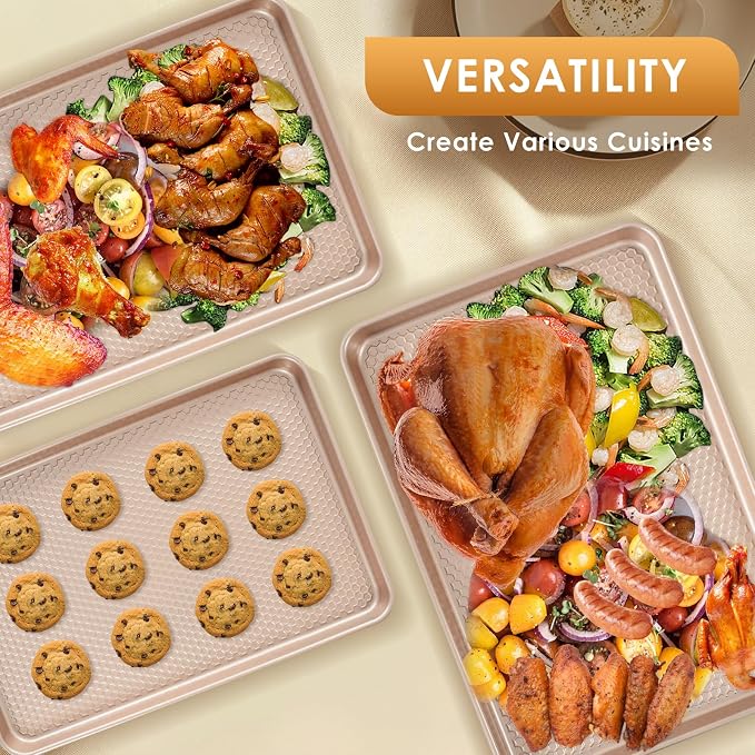 Baking Sheet Pan Set of 3, Nonstick Carbon Steel Cookie Sheets with Texture | Commercial Half/Quarter/Jelly Roll Pans Replacement Toaster Oven Tray, Heavy Duty & Easy Clean