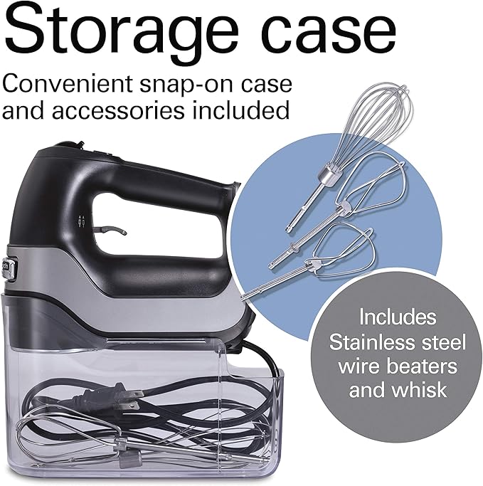 Hamilton Beach Professional 5-Speed Electric Hand Mixer | High-Performance DC Motor | Slow Start | Snap-On Storage Case | Stainless Steel Beaters & Whisk | Black | 62651