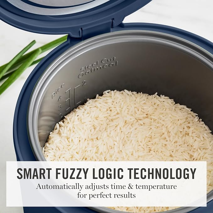 Martha Stewart Rice Cooker, 4 Cup (Uncooked) / 8 Cup (Cooked), Ceramic Non-Stick Removable Pot, Keep Warm, Measure Markings, Steam Basket, Brown & Sushi Rice, Quick Cook, Quinoa, Grains, Oats, Indigo Blue