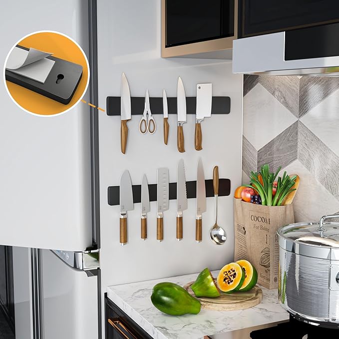 Magnetic Knife Holder for Wall, Acacia Wood Knife Magnetic Strip No Drill Knife Magnet Storage Bar Magnetic Tool Key Holder Strip for Kitchen Utensil Organizer (Black, 24 Inch)